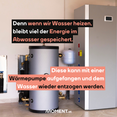 Ein Boiler ist zu sehen. Im Text steht: Denn wenn wir Wasser heizen, bleibt viel der Energie im Abwasser gespeichert. Diese kann mit einer Wärmepumpe aufgefangen und dem Wasser wieder entzogen werden.