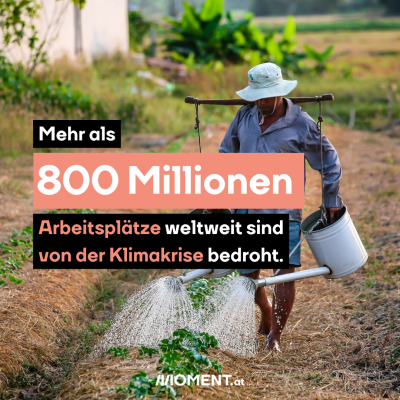 Ein Feldarbeiter gießt offenbar seine Saat. Im Text: Mehr als 800 Mio. Arbeitsplätze weltweit sind von der Klimakrise bedroht.