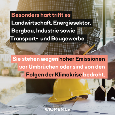 Arbeiter sindzu sehen. Einer hält einen Helm in der Hand, ein anderer Helm liegt auf dem Tisch auf Papieren und Plänen. Im Text: Besonders hart trifft es Landwirtschaft, Energiesektor, Bergbau, Industrie sowie Transport- und Baugewerbe. Sie stehen wegen hoher Emissionen vor Umbrüchen oder sind von den Folgen der Klimakrise bedroht.