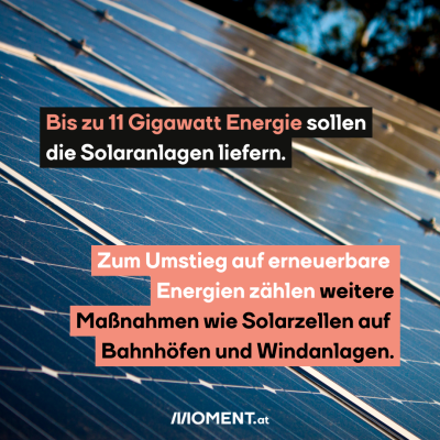 Ein Solar-Panel ist zu sehen. Im Text: Bis zu 11 Gigawatt Energie sollen die Solaranlagen liefern. Zum Umstieg auf erneuerbare Energien zählen weitere Maßnahmen wie Solarzellen auf Bahnhöfen und Windanlagen.
