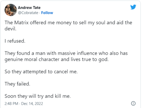 Andrew Tate tweetet über die "Matrix" und dass er bald umgebracht werden könnte.