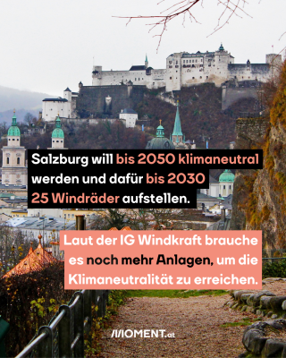 Die Stadt Salzburg ist zu sehen. Dabei steht im Text: "Salzburg will bis 2050 <span class=