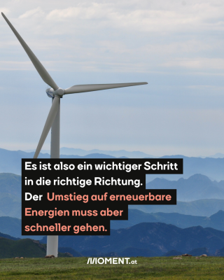 Ein Windrad auf einer Wiese. Im Hintergrund sind Berggipfel und der Himmel zu sehen. Im Text: "Es ist also ein wichtiger Schritt in die richtige Richtung. Der Umstieg auf erneuerbare Energien muss aber schneller gehen."