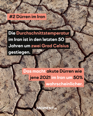 Vertrockneter Boden mit Rissen von oben fotografiert. Im Text: #2 Dürre im Iran. Die Durchschnittstemperatur im Iran ist in den letzten 50 Jahren um zwei Grad Celsius gestiegen. Das macht akute Dürren wie jene 2021 im Iran um 50 % wahrscheinlicher.