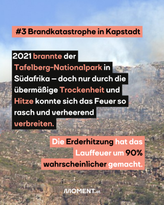 Ein Hügel, auf dem verbrannte Pflanzen zu sehen sind. Rauch steigt noch auf. Im Text: #3 Brandkatastrophe in Kapstadt. 2021 brannte der Tafelberg-Nationalpark in Südafrika - doch nur durch die übermäßige Trockenheit und Hitze konnte sich das Feuer so rasch und verheerend verbreiten. Die Erderhitzung hat das Lauffeuer um 90 % wahrscheinlicher gemacht.