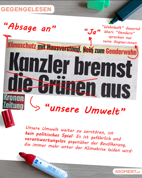 Ein Gegengelesen: Ein Zeitungsartikel der Kronen Zeitung wurde mit Rotstift korrigiert.