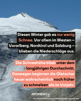 Derselbe Gletscher wie im vorhergehenden Bild ist zu sehen. Wesentlich weniger Schnee und Eis ist auf dem Bild. Nun ragen auch rechts die Felswände hervor.