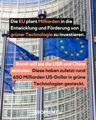 EU-Gebäude mit Flagge. Text: Die EU plant Milliarden in die   Entwicklung und Förderung von   grüner Technologie zu investieren. Damit will sie die USA und China   einholen. Diese haben zuletzt rund   650 Milliarden US-Dollar in grüne   Technologien gesteckt. 