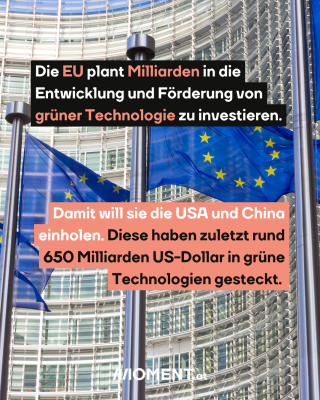 EU-Gebäude mit Flagge. Text: Die EU plant Milliarden in die Entwicklung und Förderung von grüner Technologie zu investieren. Damit will sie die USA und China einholen. Diese haben zuletzt rund 650 Milliarden US-Dollar in grüne Technologien gesteckt.