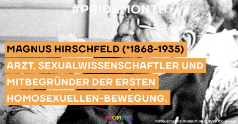 Man sieht das #PrideMonth Sujet und ein Foto von Magnus Hirschfeld.