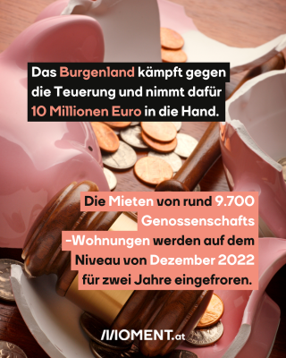 Münzen und Sparschwein. Text:  Das Burgenland kämpft gegen   die Teuerung und nimmt dafür   10 Millionen Euro in die Hand. Die Mieten von rund 9.700   Genossenschafts   -Wohnungen werden auf dem   Niveau von Dezember 2022   für zwei Jahre eingefroren.