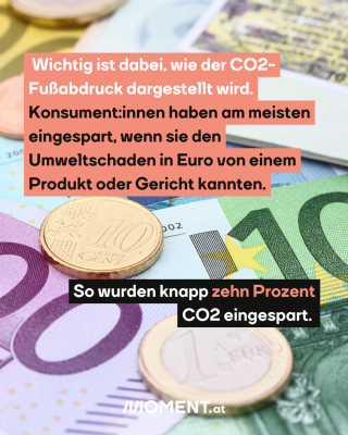 Geld. Text: Wichtig ist dabei, wie der CO2-   Fußabdruck dargestellt wird.   Konsument:innen haben am meisten   eingespart, wenn sie den   Umweltschaden in Euro von einem   Produkt oder Gericht kannten. So wurden knapp zehn Prozent   CO2 eingespart.  