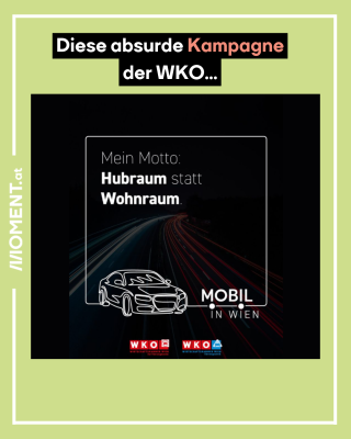 Oben im Text steht geschrieben: "Diese absurde Kampagne der WKO ..." Darunter ist ein Werbesujet der WKO Wien ist zu sehen. Im Text des Sujets steht: "Mein Motto: Hubraum statt Wohnraum". 