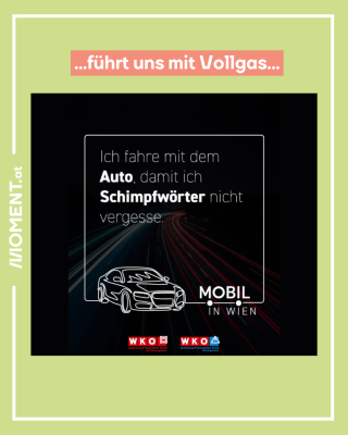 Oben im Text: "... führt uns mit Vollgas ..." Im Sujet steht: "Ich fahre mit dem Auto damit ich Schimpfwörter nicht vergesse"