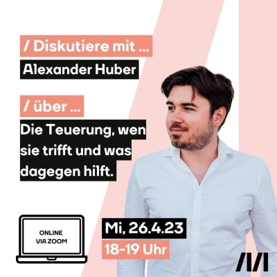 Ökonom Alex und die Werbung für sein Webinar.