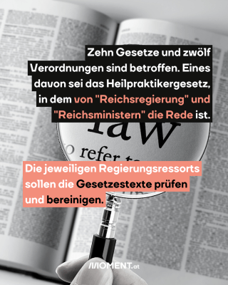 Zehn Gesetze und zwölf Verordnungen sind betroffen. Eines davon sei das Heilpraktikergesetz, in dem von "Reichsregierung" und "Reichsministern" die Rede ist. Die jeweiligen Regierungsressorts sollen die Gesetzestexte prüfen und bereinigen.