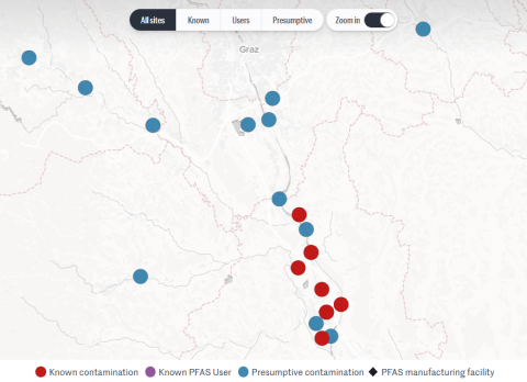 Karte von PFAS-belasteten Orten in der Südsteiermark rund um Leibnitz