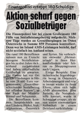 Kronen Zeitung Schlagzeile: Aktion scharf gegen Sozialbetrüger