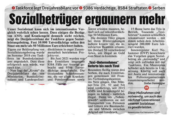 Schlagzeile der Kronen Zeitung: Sozialbetrüger ergaunern mehr...