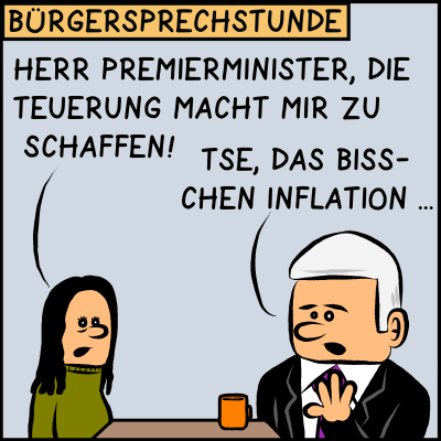 Comic, Bild 1: Premierminister Plenk hat eine Bürgersprechstunde. Eine Bürgerin fragt: "Herr Premierminister, die Teuerung macht mir zu schaffen." Plenk entgegnet: "Tse, das bisschen Inflation."