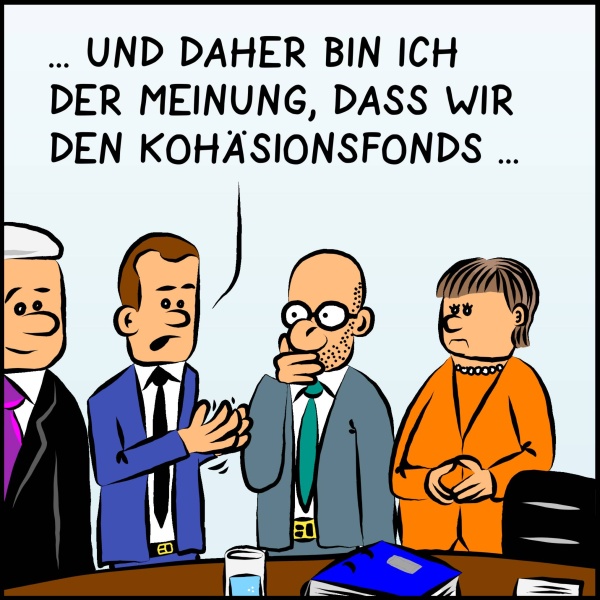 Vier Politiker, darunter Plenk und eine Frau, die Angela Merkel ähnlich sieht stehe zusammen. Einer von ihnen sagt: "... und daher bin ich der Meinung, dass wir den Kohäsionsfonds..."