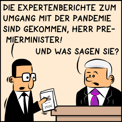 Comic, Bild 1: Brommel ist der Mitarbeiter von Premierminister Plenk. Die beiden sprechen miteinander. Brommel sagt: "Die Expertenberichte zum Umgang mit der Pandemie sind gekommen, Herr Premierminister." Der Premierminister sagt: "Und was sagen sie?"