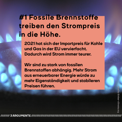 Die Nahaufnahme eines brennenden Gasherdes. "#1 Fossile Brennstoffe treiben den Strompreis in die Höhe. 2021 hat sich der Importpreis für Kohle und Gas in der EU vervierfacht. Das treibt den Strompreis in die Höhe. Ganz besonders belastet davon sind finanziell schwache Haushalte.  Wir sind zu stark von fossiler Energie abhängig. Mehr Strom aus erneuerbarer Energie würde zu mehr Eigenständigkeit und stabileren Preisen führen. 