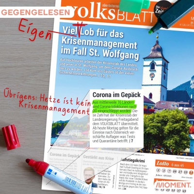 Gegengelesen: Wir haben einen Volksblatt-Artikel über das Corona-Management von St. Wolfgang ausgebessert und klar den hetzerischen Inhalt aufgezeigt.