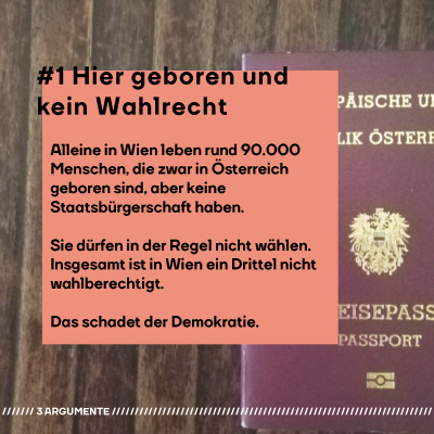 #1 Hier geboren und trotzdem kein Wahlrecht? Das ist ein Problem für die Demokratie Alleine in Wien leben rund 90.000 Menschen, die zwar in Österreich geboren sind, aber keine Staatsbürgerschaft haben. Sie dürfen in der Regel nicht wählen. Insgesamt ist in Wien ein Drittel nicht wahlberechtigt. Das schadet der Demokratie.