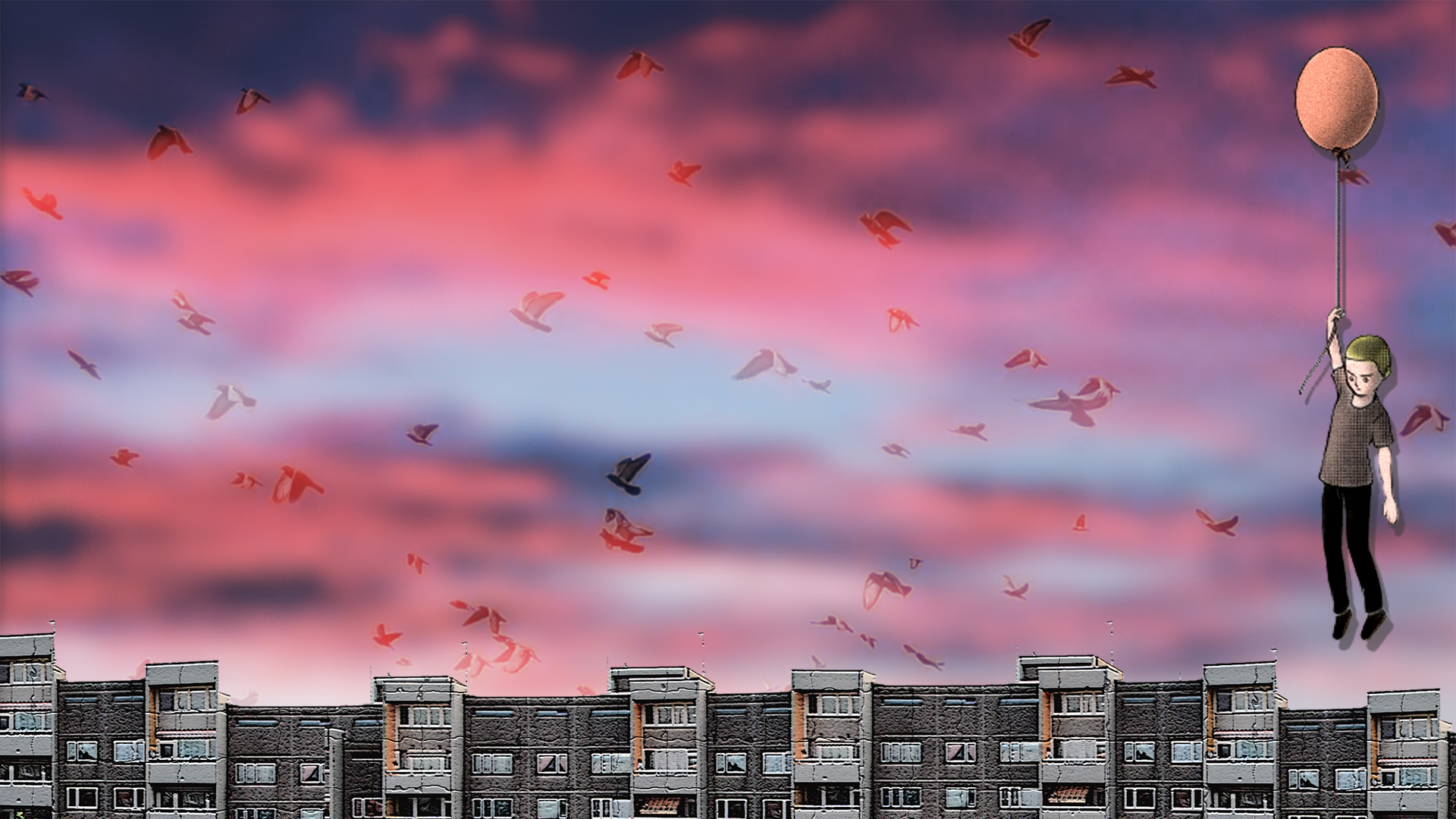 Auf dem Bild ist ein Kind zu sehen. Es hält einen Luftballon und schwebt in der Luft. Im Hintergrund sind Wohnblöcke zu sehen, rosarote Wolken am Himmel und Tauben.