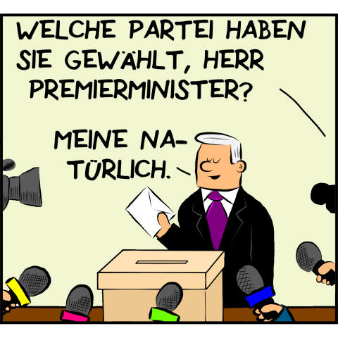 Plenk wird bei der Stimmabgabe vor laufender Kamera gefragt: "Welche Partei haben sie gewählt Herr Premierminister?" Plenk antwortet zufrieden: "Meine Natürlich."