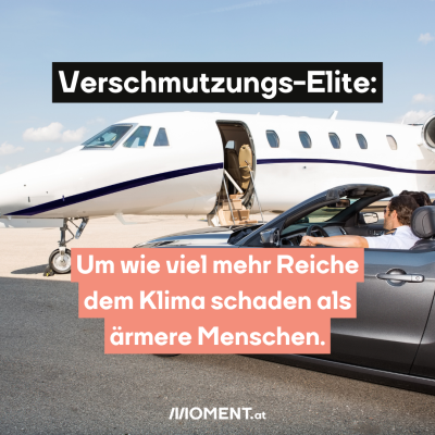 Mann in Cabrio vor Privatjet.