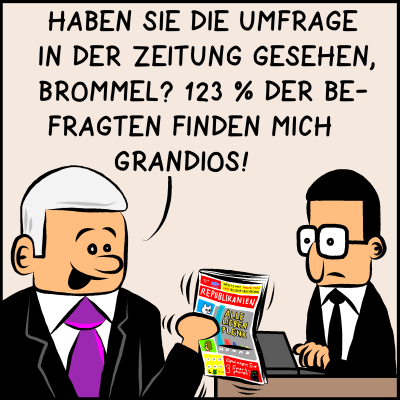 Haben sie die Umfrage in der Zeitung gesehen, brommel. 123% der Befragten finden mich grandios!