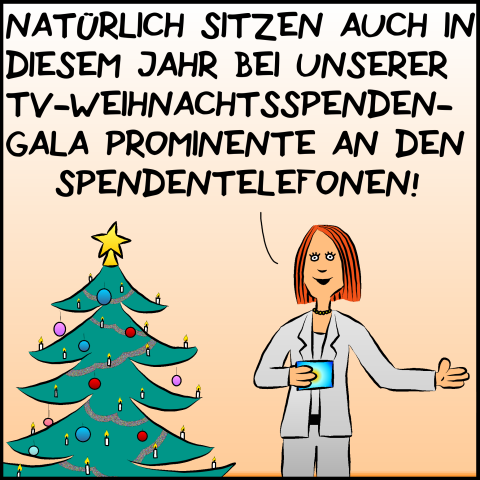 Eine TV Moderatorin spricht neben einem Christbaum stehend: Natürlich sitzen auch in diesem Jahr bei unserer TV-Weihnachtsspendengala Prominente an den Spendentelefonen! 