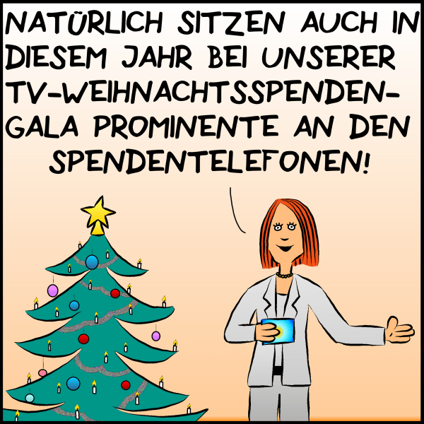 Eine TV Moderatorin spricht neben einem Christbaum stehend: Natürlich sitzen auch in diesem Jahr bei unserer TV-Weihnachtsspendengala Prominente an den Spendentelefonen! 