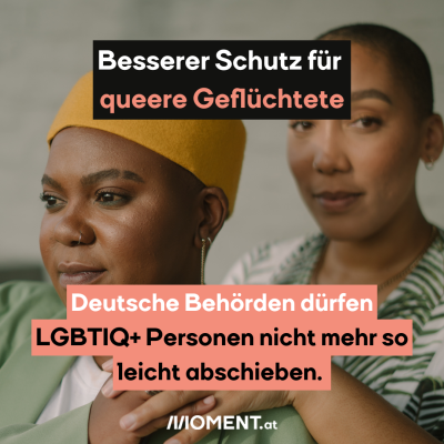 Diverses Pärchen hält Hände, dazu der Text: Besserer Schutz für  queere Geflüchtete. Deutsche Behörden dürfen <span class=