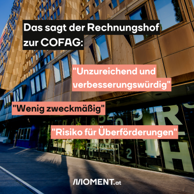 Gebäude des Rechnungshof, dazu der Text: Das sagt der Rechnungshof zur COFAG: "Unzureichend und verbesserungswürdig", "Wenig zweckmäßig", "Risiko für Überförderungen"