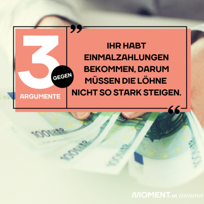 3 Argumente gegen: "Ihr habt den Klimabonus bekommen, deswegen müssen die Löhne nicht so stark steigen." Im Hintergrund hält eine Person 5 Hundert-Euro-Scheine in der Hand.