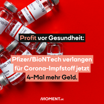 Profit vor Gesundheit: Pfizer/BioNTech verlangen für Corona-Impfstoff jetzt 4-Mal mehr Geld. Das Bild zeig Covid-19 Impfungen auf rotem Hintergrund.