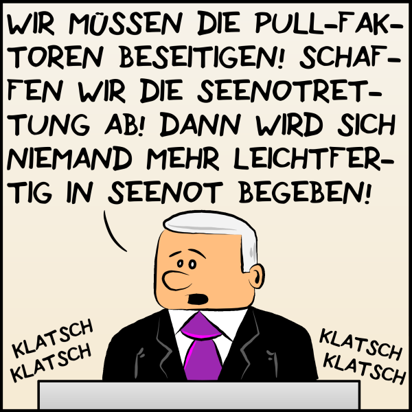 Plenk steht an einem Podium und sagt: "Wir müssen die Pull-Faktoren beseitigen! Schaffen wir die Seenotrettung ab! Dann wird sich niemand mehr leichtfertig in Seenot begeben!" Das Publikum klatscht Beifall.