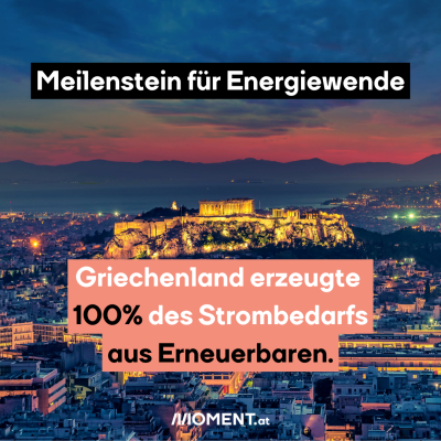 Panaroma von Athen bei Nacht, dazu der Text: Meilenstein für Energiewende, Griechenland erzeugte 100% des Strombedarfs aus Erneuerbaren.