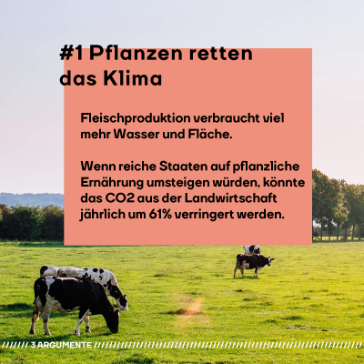 #2 Pflanzen retten das Klima Fleischproduktion verbraucht viel mehr Wasser und Fläche.  Wenn reiche Staaten auf pflanzliche Ernährung umsteigen würden, könnte das CO2 aus der Landwirtschaft  jährlich um 61% verringert werden.