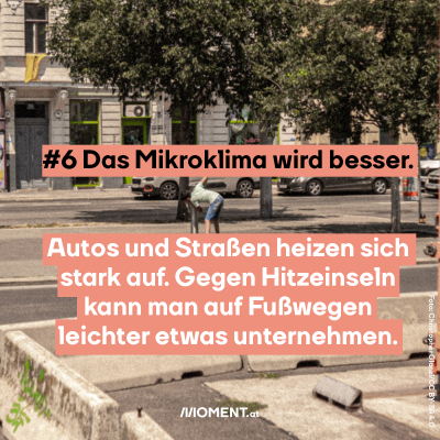  Eine Person steht bei einem Hydranten und trinkt offenbar Wasser. Es ist ein heißer Tag. “#6 Das Mikroklima wird besser.”