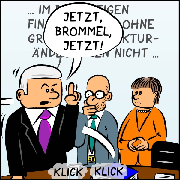 Plenk unterbricht den Sprecher, macht einen Satz nach vorne, hebt den Finger als würde er jemanden ermahnen und ruft: "Brommel, jetzt!" Anschließend sind die Klick Geräusche der Kamera zu hören.