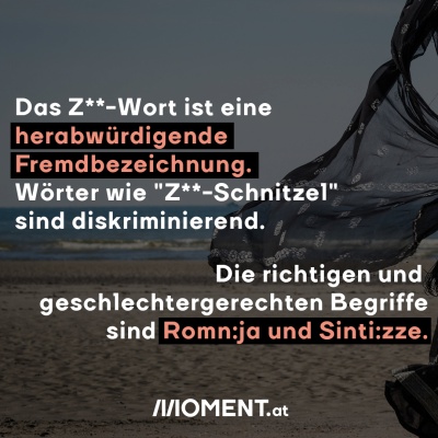 Das Z**-Wort ist eine herabwürdigende Fremdbezeichnung.  Wörter wie "Z**-Schnitzel" sind diskriminierend. Die richtigen und  geschlechtergerechten Begriffe sind Romn:ja und Sinti:zze.