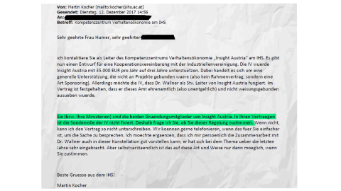 Bild zeigt E-Mail von Martin Kocher an Bernadett Humer, Vertraute von Sophie Karamsin.