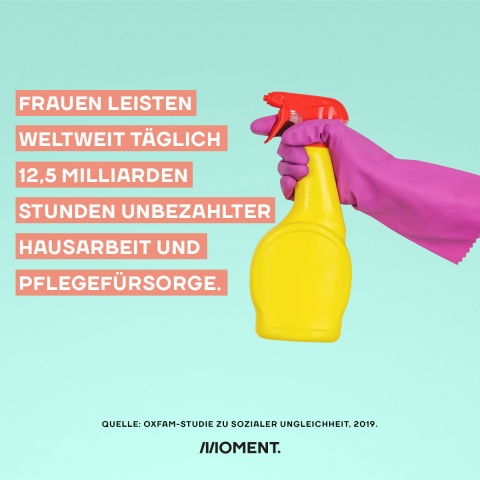 Shareable zeigt eine Hand in einem Putzhandschuh, die eine Flasche Glasreiniger hält. Text: Frauen leisten weltweit täglich 12,5 Milliarden Stunden unbezahlter Hausarbeit und Pflegefürsorge.