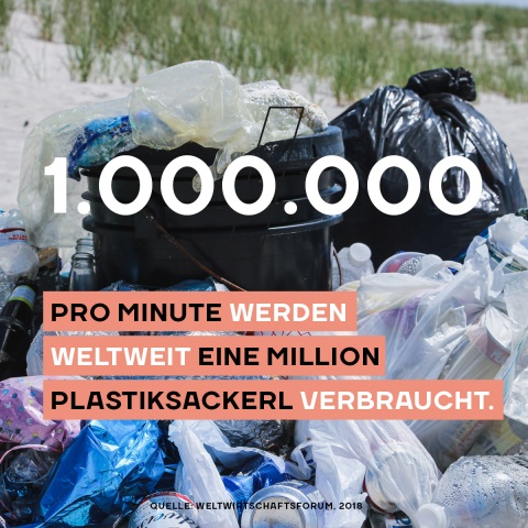 Sharable zeigt einen Strand auf dem ein Berg Plastikmüll liegt. Text: Pro Minute werden weltweit eine Million Plastiksackerl verbraucht."
