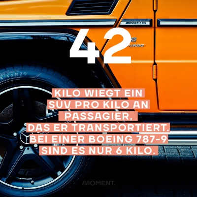 Shareable zeigt in Nahaufnahme die Felge eines orangen SUVs von Mercedes. Text: 42 Kilo wiegt ein SUV pro Kilo an Passagier, das er transportiert. Bei einer Boeing 787-9 sind es ur 6 Kilo.