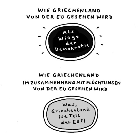 Zeichnung von zwei Augen. Über dem ersten steht: Wie Griechenland von der EU gesehen wird - als Wiege der Demokratie. Über dem zweiten steht: Wie Griechenland im Zusammenhang mit Flüchtlingen von der EU gesehen wird - was, Griechenland ist Teil der EU?? 